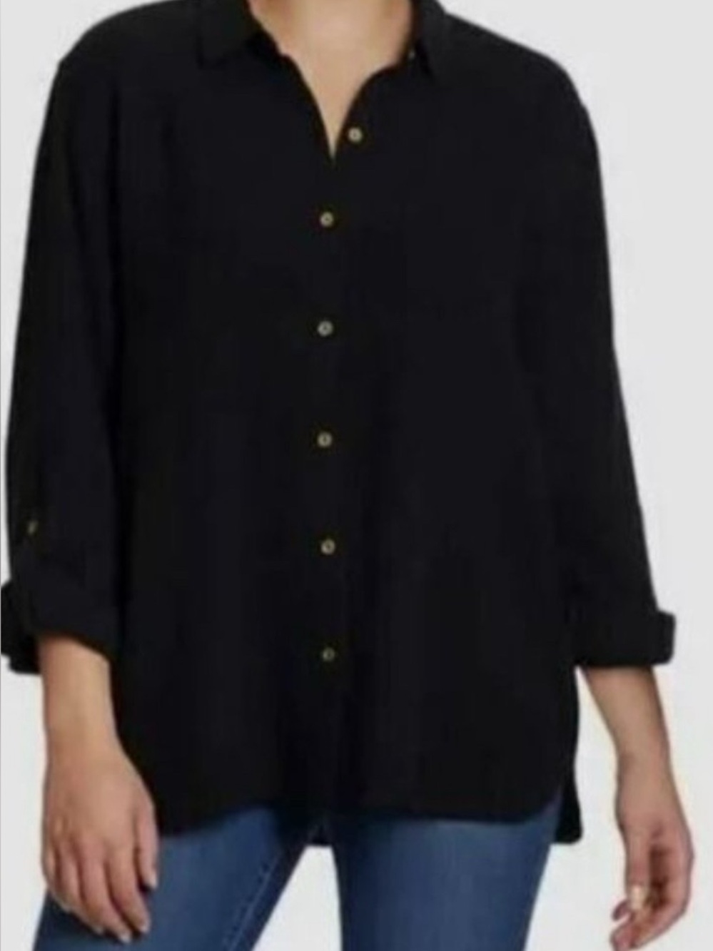 Anne Klein Women's Gauze Long Sleeve Button Down Roll Tab Shirt Black Sz L